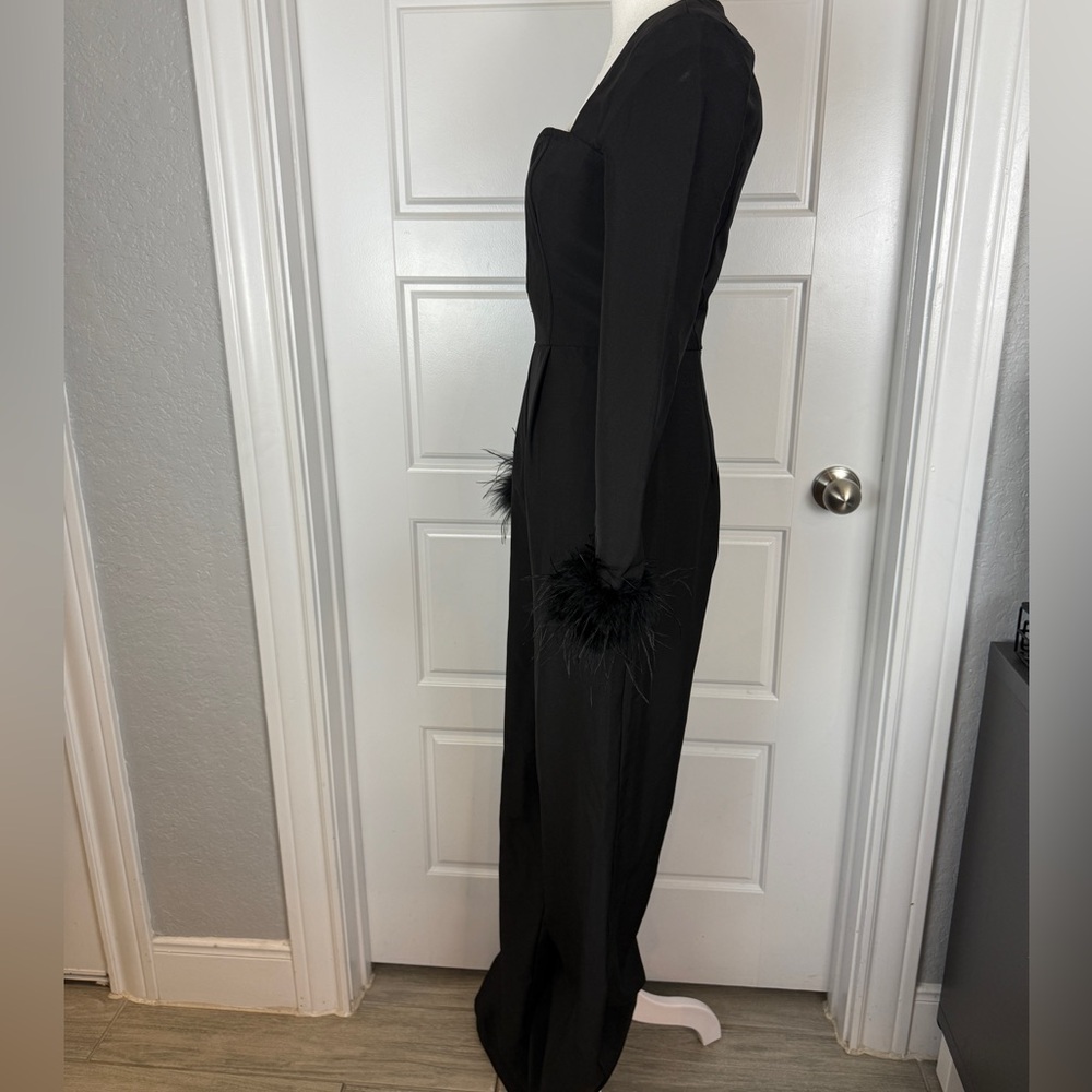 Club L London Portia black sweetheart plunge wide leg feather cuff jumpsuit US 4 - Picture 6 of 11
